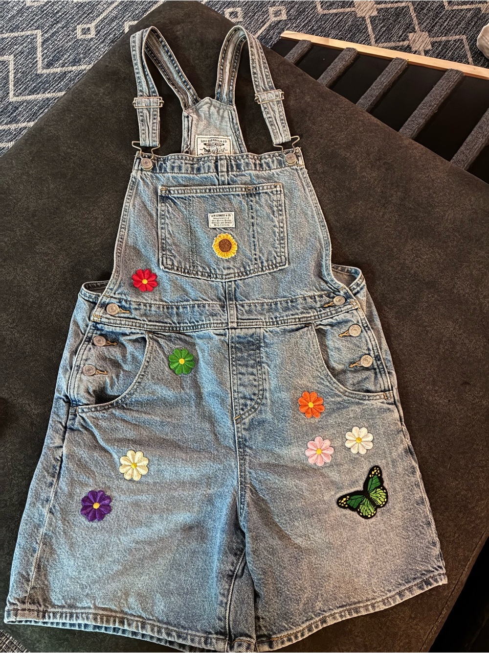Women’s Levi's Light Blue Denim Short Overalls with Colorful patches